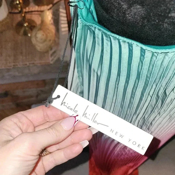 Nicole by Nicole Miller Blue, Pink,  and Green Asymmetrical Ruffled Sheath Dress - Picture 5 of 5